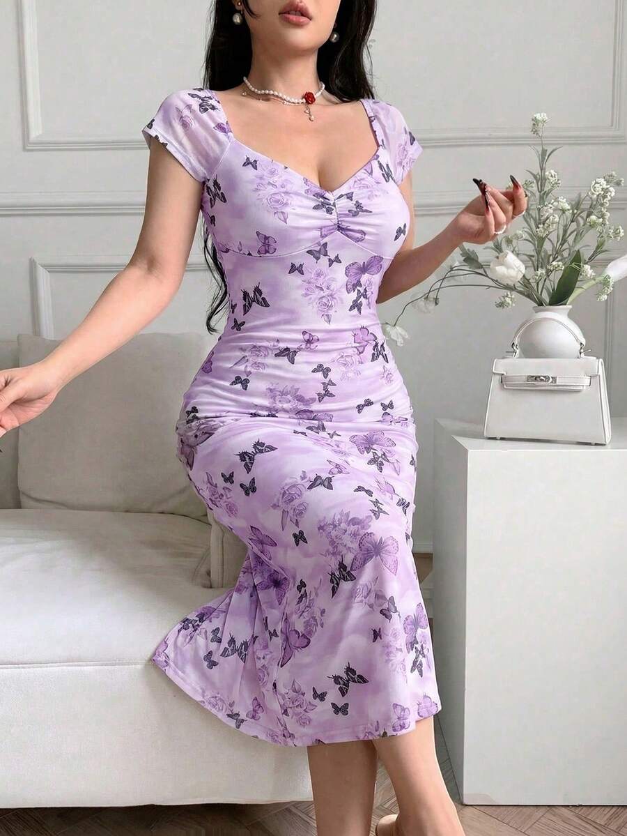 Vestido ajustado con estampado floral casual para mujeres, vestidos casuales para cumpleaños, ropa de mujer, vestidos de verano para el trabajo, vestido de graduación, vestidos elegant - Púrpura malva - Ver 1