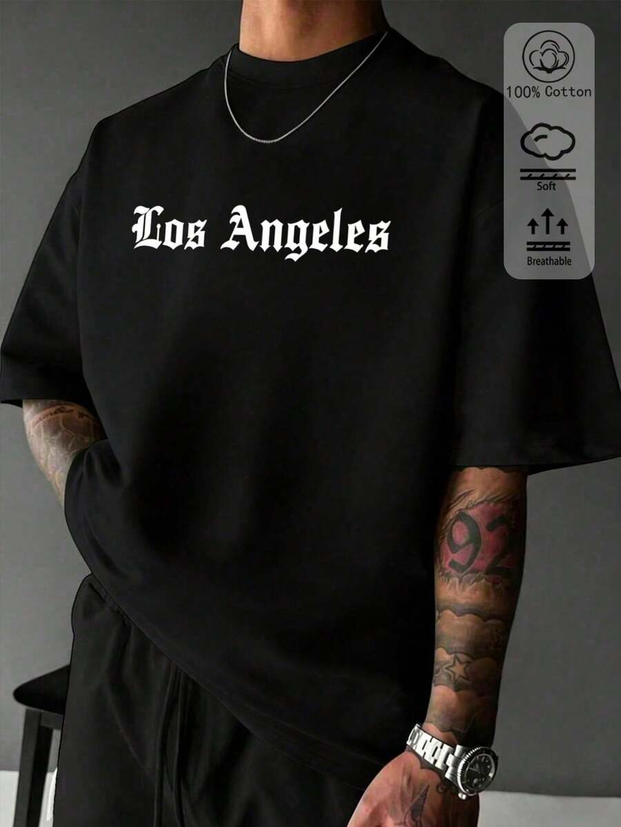 Men's T-Shirt, Los Angeles Gothic Style Graphic Tee, New Spring/Summer Men's Sportswear, Casual Fashion Soft Breathable Men's Black Short Sleeve Top - Black - View 1