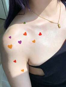 1 Pc Rainbow Mixed Color Scattered Tiny Heart Temporary Tattoo, Waterproof Mini Love Shape Fake Tattoo, Pride Body Art For Collarbone & Shoulder - Multicolor - View 4