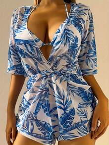 Conjunto de Bikini con Estampado de Hojas para Mujer - Blanco - Ver 1
