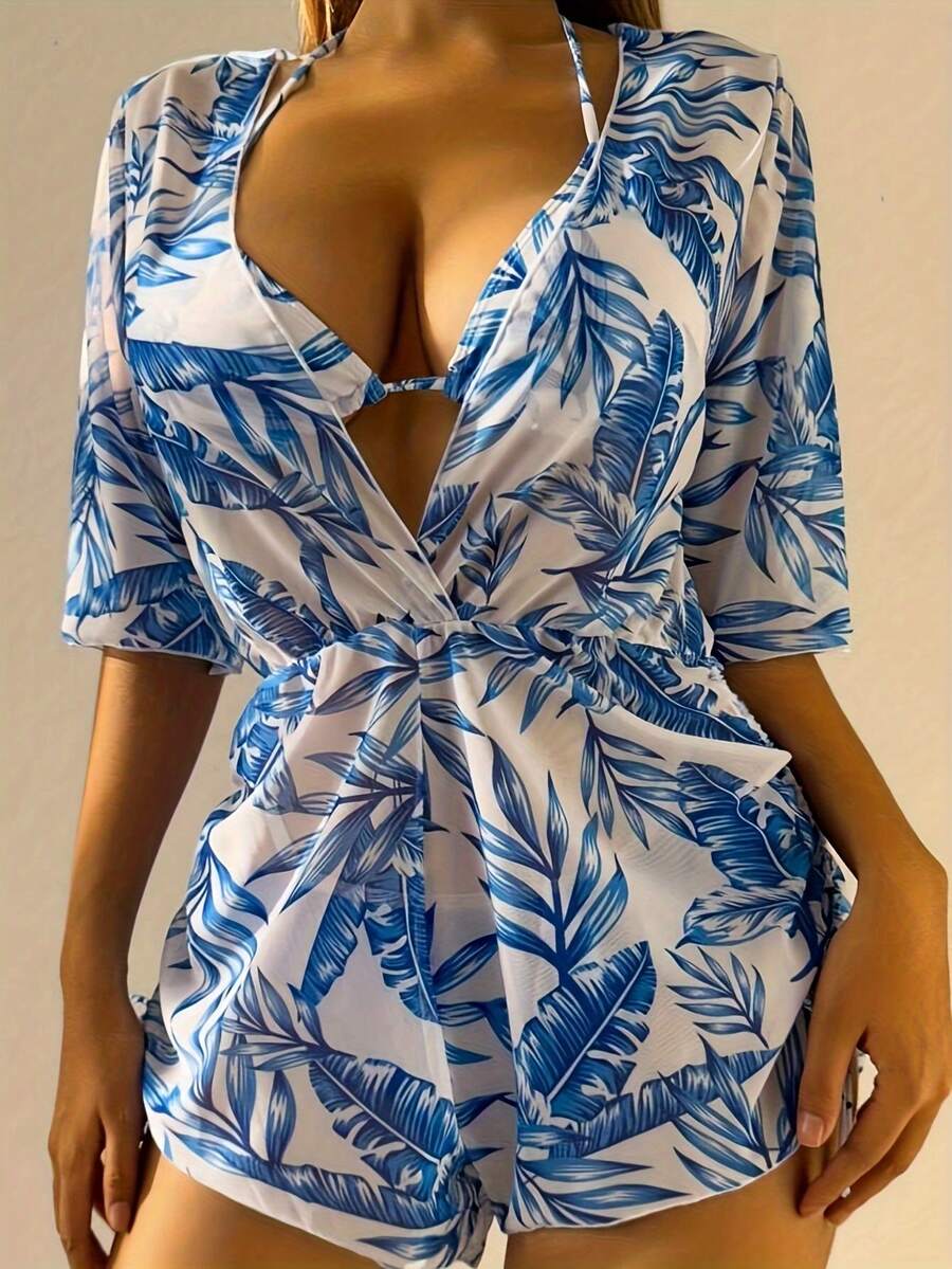 Conjunto de Bikini con Estampado de Hojas para Mujer - Blanco - Ver 1