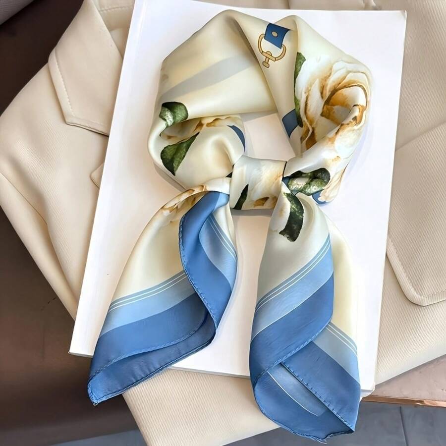 YZNT Mulberry Silk Scarf, Pink And White Floral. Versatile For All Seasons, Elegant. Hand Wash Or Dry Clean. Exquisite And Fashionable Accessory. - 藍色 - 查看 1