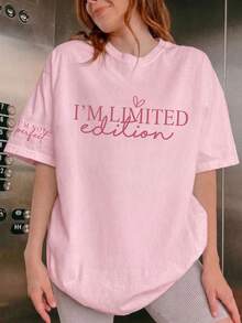 1件女款夏季寬鬆休閒短袖T恤上衣，胸前印有「I'm Limited Edition」標語與「I'm Not Perfect」愛心圖案，粉紅色 - 粉色 - 查看 4