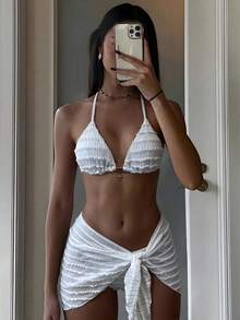 Costavie Conjunto de bikini de 3 piezas con minifalda con decoración metálica y estampado aleatorio para mujer, primavera/verano - Blanco - Ver 1