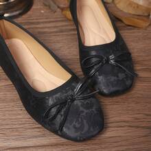 Women's Chinese Style Dark Pattern Jacquard Fabric Glossy Thin Strap Bow Decor Square Toe Low Vamp Flat Shoes French Gentle Commute Daily All Seasons Black Faux Satin Soft Sole Slip-On Granny Shoes - Black - View 6