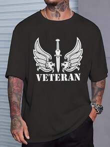 Men's Heavyweight T-Shirt 220gsm% Cotton - Veteran Anime Print With VETERAN Text And Combat Wings/Sword Design, Casual Loose Fit Veteran T-Shirt - 白色 - 查看 1