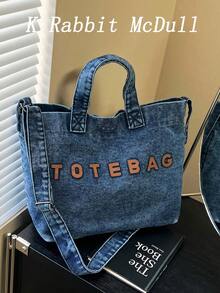 New Casual Chic Washed Jeans Tote Bag: Fashionable Letter-Embellished Handbag-Versatile, Spacious Shoulder Bag Perfect For Work, Commuting, Shopping - Blue - View 2
