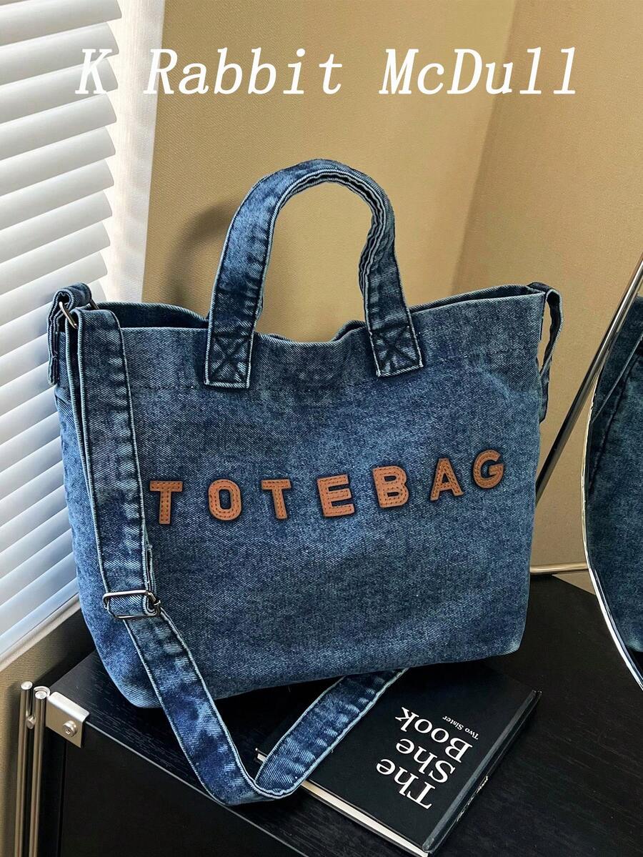 New Casual Chic Washed Jeans Tote Bag: Fashionable Letter-Embellished Handbag-Versatile, Spacious Shoulder Bag Perfect For Work, Commuting, Shopping