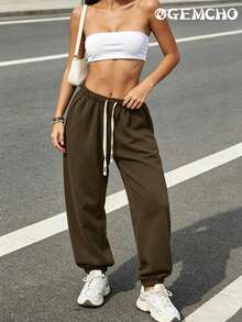 GEMCHO Elastic Waist Drawstring Sports Pants, Suitable For Graduation Season, Back To School Season, Women Teachers Outfit Spring - Brown - View 9