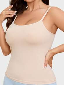 Plus Size Women Spaghetti Strap Tank Top With Built-In Bra Pads, One-Piece Padded Sleeveless Cami, Soft Stretch Invisible Daily Basic Camisole - Apricot - View 3