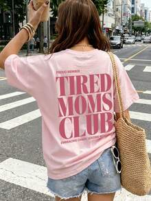 1件女款夏季寬鬆休閒短袖T恤上衣，INS Y2K 慵懶運動風「TIRED MOMS CLUB」圖案印花T恤，粉色 - 粉色 - 查看 6