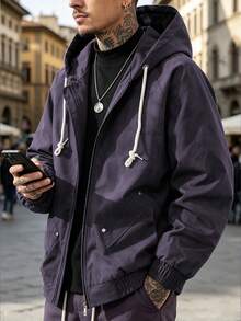 Modcrash Men's Vintage Purple Oversized Zip-Up Hoodie Jacket, Drawstring Hood, Rivet Pockets, Bomber Style Sweatshirt Outerwear, Couple Gift Fall/Autumn/Winter - Purple - View 5