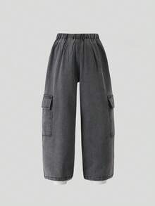 1 pezzo Jeans in denim casual da ragazzo, con design cargo a gamba larga e morbida, nuovo arrivo estate 2025 - Grigio Scuro - Visualizzare 4