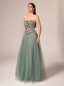 VIPGIRL New Green Strapless Sequin Contrast Mesh Court Style Elegant High-End Design Women's Formal Evening Gown - Green - View 5