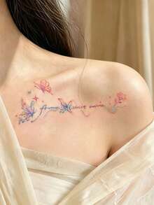 1 Pc Rainbow Watercolor Butterfly Script Lettering Temporary Tattoo, Waterproof Curved Collarbone Fake Tattoo, Romantic Floral Star Body Art For Shoulder & Clavicle - Multicolor - View 3