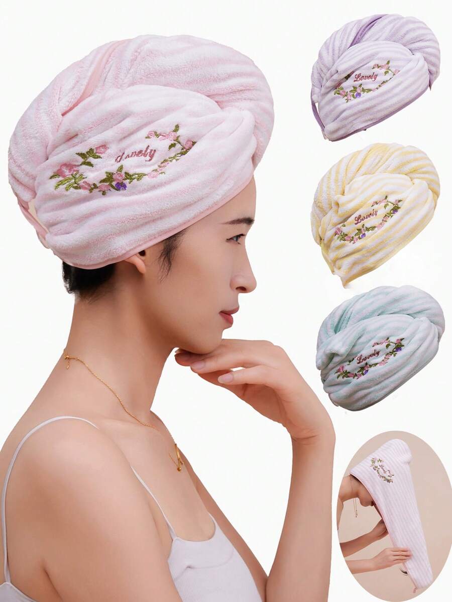 QIBHI Embroidered Floral Women's Hair Drying Cap, Elegant Makeup Hair Tie Cap, Soft Quick-Drying Girls' Garden Bath Cap, Warm Floral, Minimalist Bathroom Hair Drying Cap, Home Decor Girls' Hair Drying Towel, Suitable For Bathroom, Travel, School, Back To School, Home Essentials, Skin Care - Multicolor - View 1