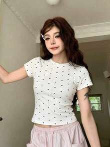 夏季街頭約會日常通勤簡約可愛俏皮性感白色拼色波點辣妹圓領修身短袖短版上衣休閒款 - 白色 - 查看 3