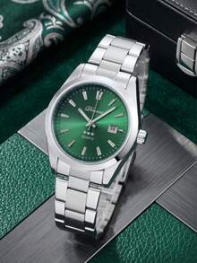 1PC Men's Watch, Minimalist Scale With Calendar Function, Business Green Dial, Quartz Watch, Suitable For Daily Wear, Party Decoration, Father's Day And Various Holiday Gifts For Father And Friends - Silver - View 2