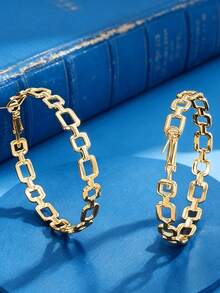 1 Pair Gold Tone Rectangle Chain Link Drop Hoop Earrings, Minimalist Hollow Square Link Dangle Earrings For Women Daily Office. No Box. - Gold - View 3