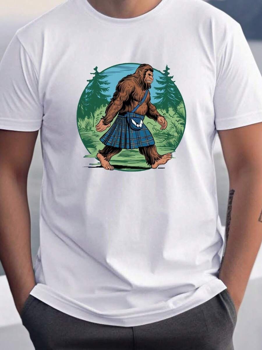 Camisetas casuales de manga corta para hombres de talla, con un gráfico de Sasquatch con kilt, perfectas para usar en verano y en el día a día, talla - Blanco - Ver 1