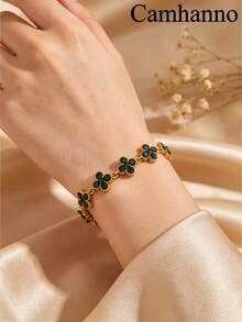 Camhanno 1pc European And American Luxury Style Stainless Steel 18K Gold Plated Four-Leaf Clover Rhinestone Bracelet, Multiple Color Rhinestones Available, Non-Fading, Delicate Chain, Versatile For Commute, Women's Jewelry Gift For Best Friend, Daily Accessory - Gold 2 - View 2