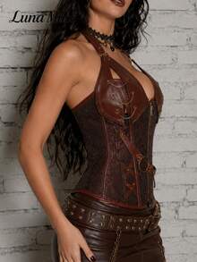 Luna Muse New Brown Deep V Neck Leather Patchwork Chain Decor Corset Top, Steampunk Goth Style, Sexy Bodycon Bustier, Suitable For Daily, Streetwear, Punk Party, Music Festival, Halloween, Valentine's Day, Nightclub Outfit, Essential Item For Sexy Girl Vibe - Coffee Brown - View 3