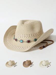 1 pieza Sombrero de paja hueco con decoración de cadena de circonita para mujer, Fedora, sombrero de vaquero occidental, sombrero Panamá transpirable con protección solar para primavera/verano, adecuado para fotografía de viajes, uso diario, fiestas, eventos de temática occidental, reuniones, cosplay, ceremonia de graduación, mascarada, festivales, celebraciones de cumpleaños, conciertos, senderismo al aire libre y camping - sombrero de copa - Ver 6