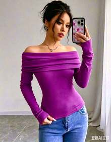 Women's Elegant Off Shoulder Ruffle Long Sleeve Solid Color Blouse - Rosa Roja - Ver 1