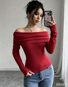 Gloray Women's Daily Simple Off-The-Shoulder Solid Color Top - Rojo - Ver 6