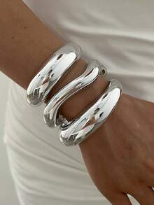 3pcs Vintage Exaggerated Gorgeous Women's Silver CCB (Plastic) Open Bangle Bracelet Set, Suitable For Daily, Party, Date, Wedding, Festival Wear, Gift - Silver - View 3