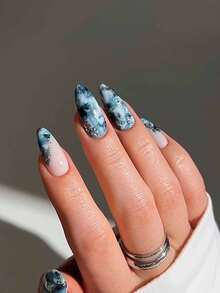 10 Pieces Of Handcrafted Almond-Shaped Nail Art In Blue/Black With Cat Eye Detailing And Fine Glitter. Accented With Silver Sequins. A Tie-Dye Design Exuding High-End, Luxurious, And Refined Elegance, Reminiscent Of Sinking Into The Ocean. Nails Handmade Press On Nails - Blue - View 2