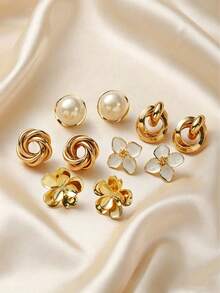 5pcs/Set Vintage Oil Drip Metal Geometric Flower Stud Earrings With Faux Pearls, French Niche Design, Personalized Minimalist Versatile Elegant Fashion Earring Jewelry Set, Suitable For Women's Daily And Holiday Wear - Set a - View 1