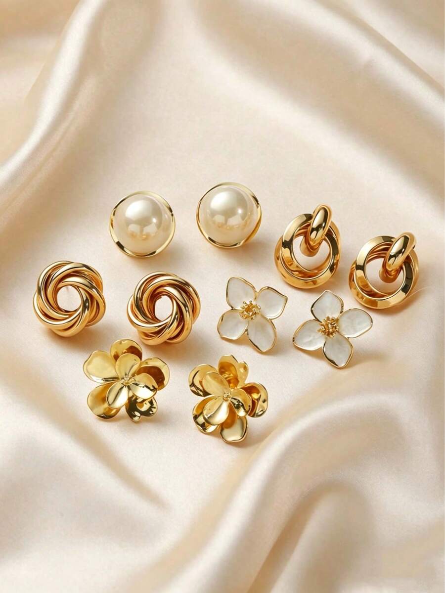 5pcs/Set Vintage Oil Drip Metal Geometric Flower Stud Earrings With Faux Pearls, French Niche Design, Personalized Minimalist Versatile Elegant Fashion Earring Jewelry Set, Suitable For Women's Daily And Holiday Wear - Set a - View 1