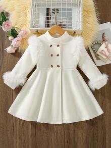 Girls' Casual Fashion Solid Color Stand Collar Coat Dress, Autumn/Winter - White - View 2