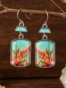 1 par de pendientes estilo vintage occidental retro con patrón de vaquero, placa cuadrada incrustada con turquesa falsa y efecto desgastado - Multicolor - Ver 1