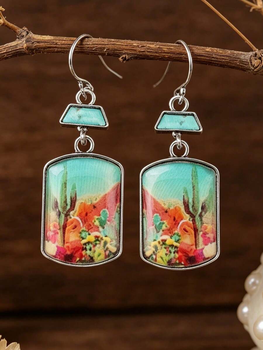 1 par de pendientes estilo vintage occidental retro con patrón de vaquero, placa cuadrada incrustada con turquesa falsa y efecto desgastado - Multicolor - Ver 1
