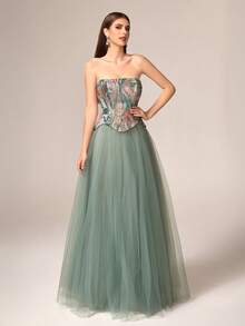 VIPGIRL New Green Strapless Sequin Contrast Mesh Court Style Elegant High-End Design Women's Formal Evening Gown - Green - View 8