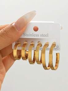 6pcs/Set Women's Stainless Steel Geometric Design C-Shaped Hoop Earrings Set, Suitable For Daily Wear - 1623 - View 2