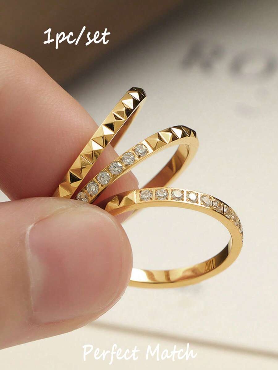 1 pieza Anillo de acero de titanio con remaches geométricos minimalistas personalizados, diseño inclinado, incrustado de diamantes de imitación, color dorado, adecuado para uso diario de mujeres y regalos de vacaciones