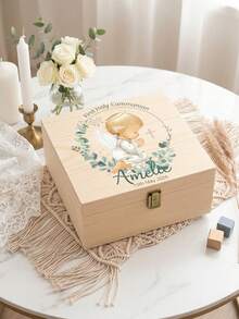 1pc Customized First Communion Keepsake Box, Personalized Religious Baptism Wooden Storage Box, Communion Gift, Floral & Cross Children's Gift Box - Multicolor - View 7