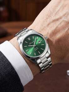 1PC Men's Watch, Minimalist Scale With Calendar Function, Business Green Dial, Quartz Watch, Suitable For Daily Wear, Party Decoration, Father's Day And Various Holiday Gifts For Father And Friends - Silver - View 4