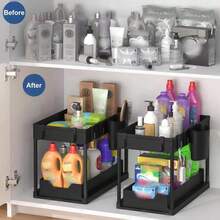 Estante de almacenamiento deslizante de doble capa bajo el fregadero con ganchos y portavasos, organizador de gabinete extraíble para cocina y tocador de baño, estante de especias deslizante multifunción, organizador de suministros de limpieza, estante de almacenamiento para fregadero de cocina - Negro - Ver 7
