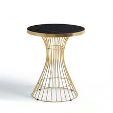 60cm Round Marble Texture Small Table, Gold Steel Base, Glossy Tabletop, Suitable For Living Room/Dining Room/Coffee Corner - Black - View 2