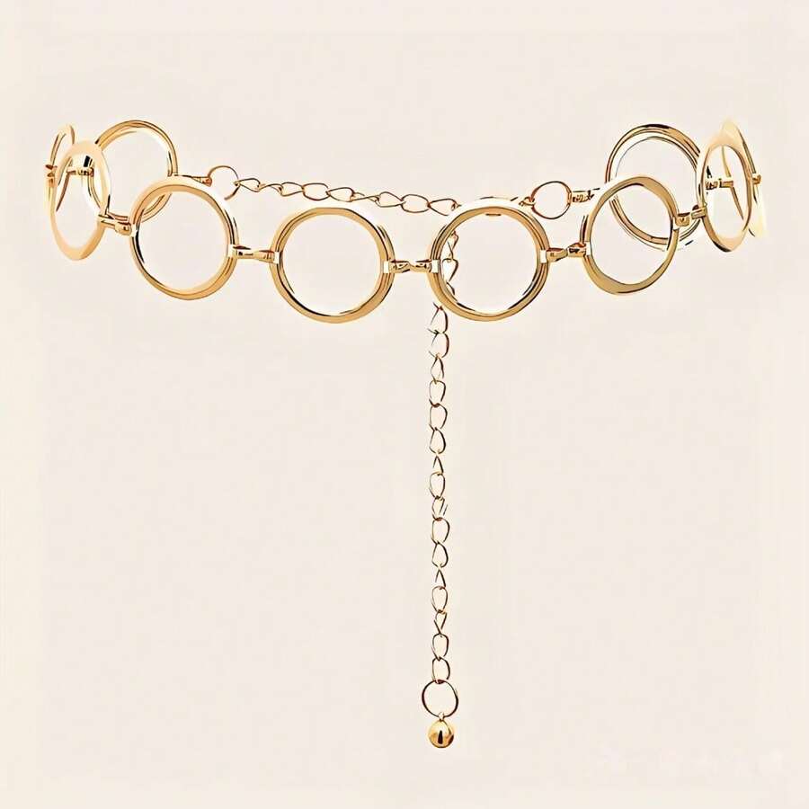 1pc Punk Style Gold Round Ring Chain Waist Belt, Adjustable Geometric Metal Waist Chain, Y2K Aesthetic Women Body Chain, Suitable For Nightclub And Streetwear - A Gold - View 1
