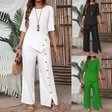 Conjunto de Dos Piezas para Mujer 2025: Summer de Corte Irregular y Camisa de Media Manga con Botones, Elegante, Casual y Holgado - Amarillo - Ver 4