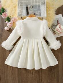 Girls' Casual Fashion Solid Color Stand Collar Coat Dress, Autumn/Winter - White - View 3