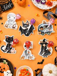 48pcs Halloween Lollipop Decoration Cards, 6 Styles Vintage Floral Black Cat Witch Mummy Skeleton Camper Cutout Candy Cards, Halloween Party Candy Packaging Labels, 2026 Halloween Decor, Halloween Party Supplies, Trick Or Treat, Ghost Party Decoration - Halloween B - View 7