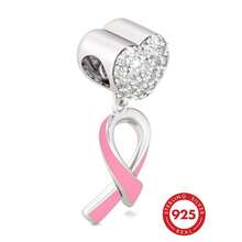 1pc 925 Sterling Silver Pink Enamel Awareness Ribbon Pendant, Fully Paved With Transparent Cubic Zirconia Heart-Shaped Top Spacer Bead, Suitable For European Style Bracelets - Silver - View 2