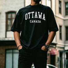 OTTAWA CANADA Bow Print With Large, Elegant White Lettering, Modern Urban Design, Ideal For City Walks And Casual Events, Men's T-Shirt - 黑色 - 查看 2
