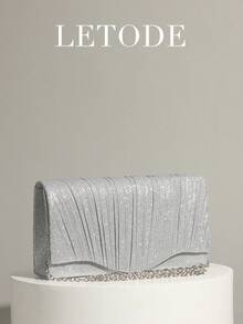 LETODE Shiny Elegant Envelope Clutch, Women's Evening Bridal Wedding Wallet, With Detachable Metal Chain, Suitable For Weddings And Parties, Multifunctional Handbag, Cocktail Party Wedding New Wallet Banquet Bag - Silver - View 5